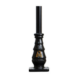 Victorian cast iron lamp post column in black, 2.05m tall with decorative tapered base, gold scroll motif, and square bolt-down base plate, shown on a plain white background.