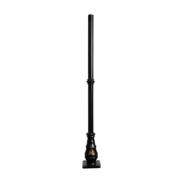 Victorian cast iron lamp post column, 1.74m tall in black with a decorative traditional base and square mounting plate, shown on a plain white background.