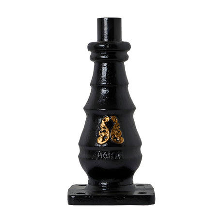 Black Victorian cast iron pedestal column, 0.4m, with ribbed body, gold scrollwork, square bolt-down base plate, and open top for a lantern head.