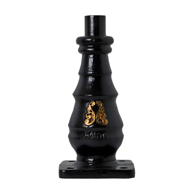 Black Victorian cast iron pedestal column, 0.4m, with ribbed body, gold scrollwork, square bolt-down base plate, and open top for a lantern head.