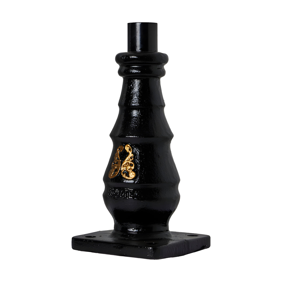 Victorian Cast Iron Pedestal Column 0.4m in black, a traditional lamp post base with ornate gold scroll detail and square mounting plate, shown on a plain white background.