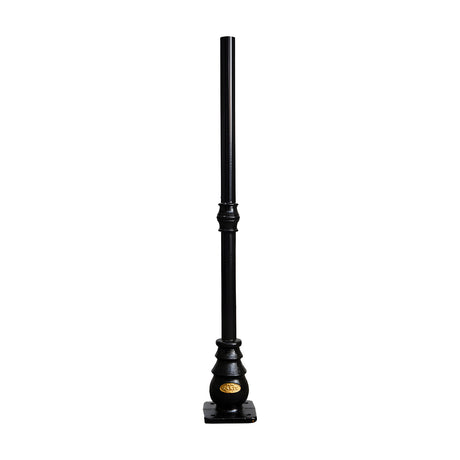 Victorian Cast Iron Lamp Post Column, 1.07m black metal post with decorative base plate and plain top for a separate lantern head, shown on a white background.