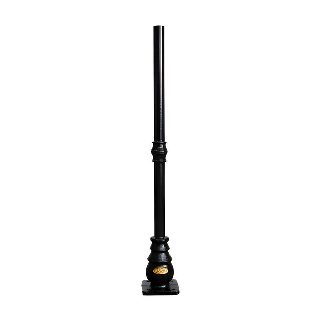 Victorian Cast Iron Lamp Post Column, 1.07m black metal post with decorative base plate and plain top for a separate lantern head, shown on a white background.