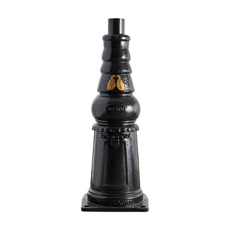 Victorian Cast Iron Pedestal Column, 0.79m, in black with a decorative tiered shaft, oval maker's badge, and square base plate on a plain white background.