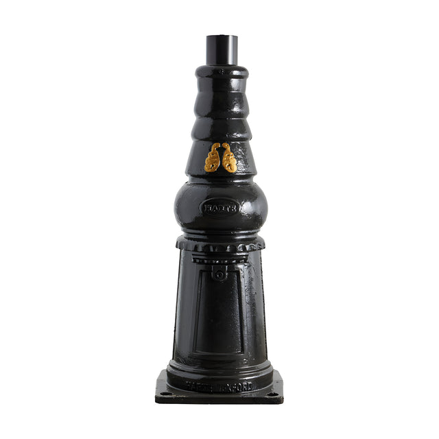 Victorian Cast Iron Pedestal Column, 0.79m, in black with a decorative tiered shaft, oval maker's badge, and square base plate on a plain white background.