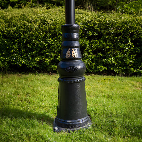 Victorian Cast Iron Pedestal Column, 0.79m, in black with decorative ribbed detailing and square base plate, set on grass before a hedge, lamp head sold separately.