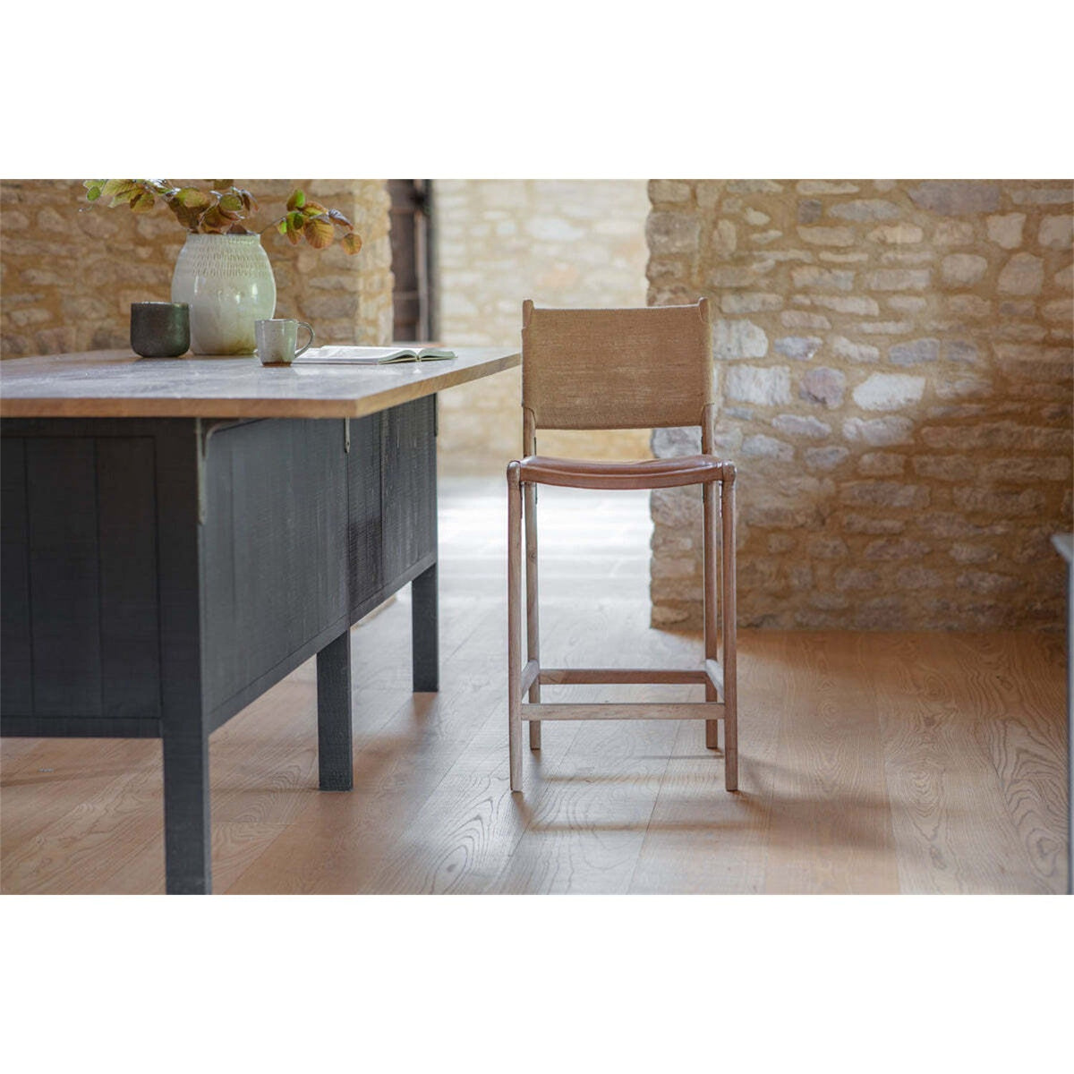 Nayan Leather & Jute Counter Stool - Tan