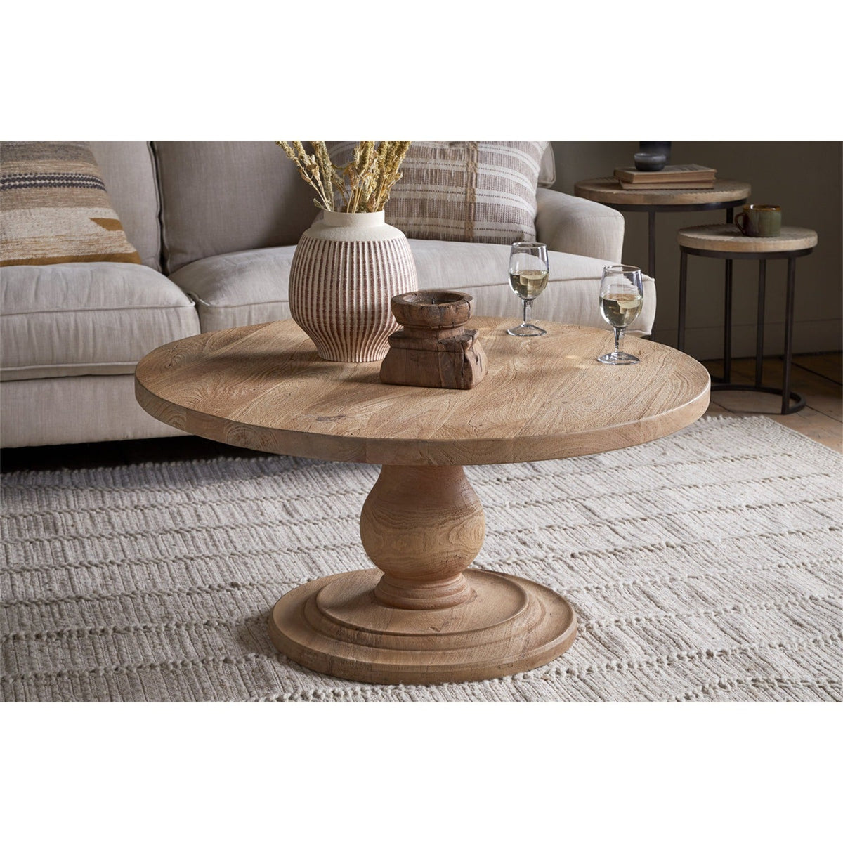 Laya Round Carved Mango Wood Coffee Table - Natural