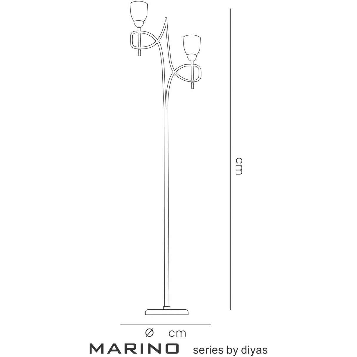A line drawing of the San Marino 2 Light Opal Glass Floor Lamp in a pewter finish, featuring two upward-facing opal glass lights on curved stems with a round base. Dimensions shown but unspecified. Text below reads: MARINO series by diyas.