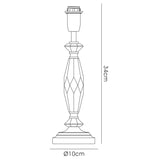 Line drawing of the Nexon 1 Light Crystal Table Lamp in a silver finish, featuring a geometric faceted design. The bedside lamp measures 34 cm tall with a circular base diameter of 10 cm.