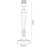 Line drawing of the Freya 1 Light Crystal Table Lamp - Silver Without Shade, showing its 43 cm height and 13 cm round base diameter with labeled measurements along the side and base.