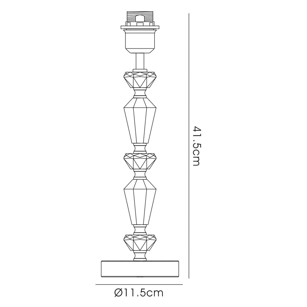 Line drawing of the Renee 1 Light Crystal Table Lamp in silver, featuring a stacked, faceted crystal base (41.5 cm tall, 11.5 cm diameter) for decorative lighting, topped with a round platform and lamp holder. Shade not included.