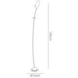 Line drawing of the Lucia 1 Light Frosted Glass Floor Lamp in polished chrome, with a slender 125cm-tall design, round 15cm base, and angled frosted glass shade.