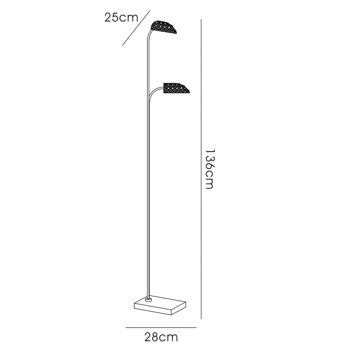 The Ashton 2 Light Crystal Floor Lamp in antique brass is a line drawing of a floor lamp with two adjustable heads for ambient lighting. It stands 136 cm tall, has a 28 cm rectangular base, and features 25 cm head extensions.