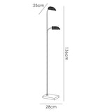 The Ashton 2 Light Crystal Floor Lamp in antique brass is a line drawing of a floor lamp with two adjustable heads for ambient lighting. It stands 136 cm tall, has a 28 cm rectangular base, and features 25 cm head extensions.