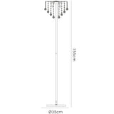 Line drawing of the Atla 4 Light Crystal Floor Lamp in polished chrome, featuring a round 35 cm base, tall straight pole, and decorative hanging crystals at the top. Modern lighting piece stands 155 cm high.