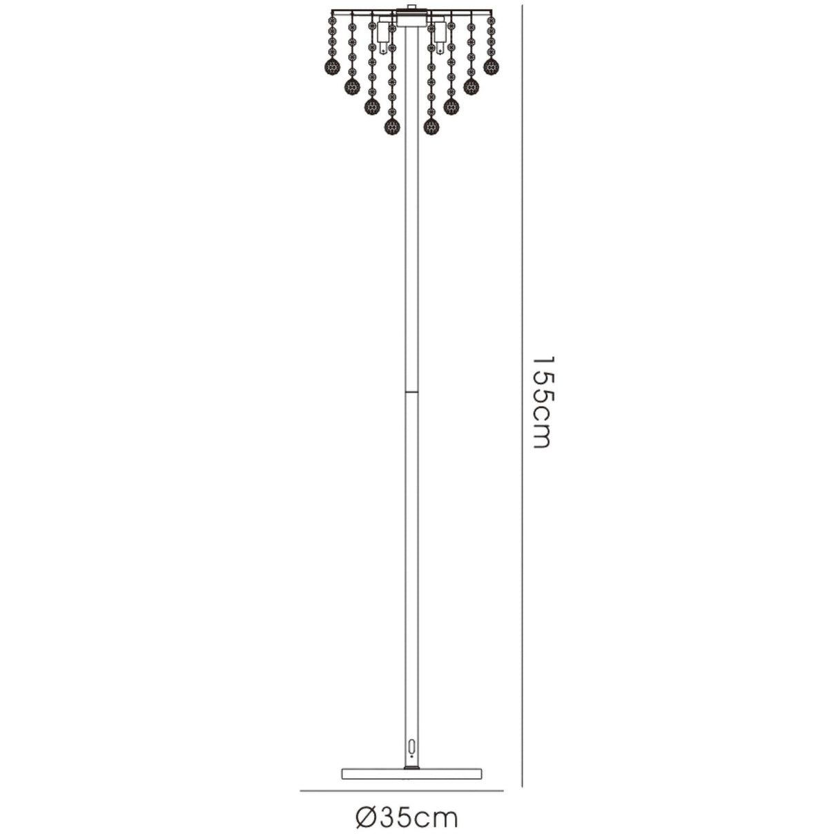 Line drawing of the Atla 4 Light Crystal Floor Lamp in French Gold, 155cm tall with a 35cm base, featuring hanging crystal decor—ideal for adding luxurious lighting to any room.