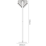 Line drawing of the Atla 4 Light Crystal Floor Lamp in French Gold, 155cm tall with a 35cm base, featuring hanging crystal decor—ideal for adding luxurious lighting to any room.