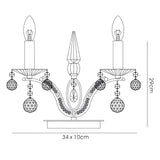 Line drawing of the Tara 2 Light Crystal Table Lamp in Black Chrome without shades, featuring two candle-style arms, crystal accents, and labeled dimensions: 34 x 10 cm wide and 29 cm tall.