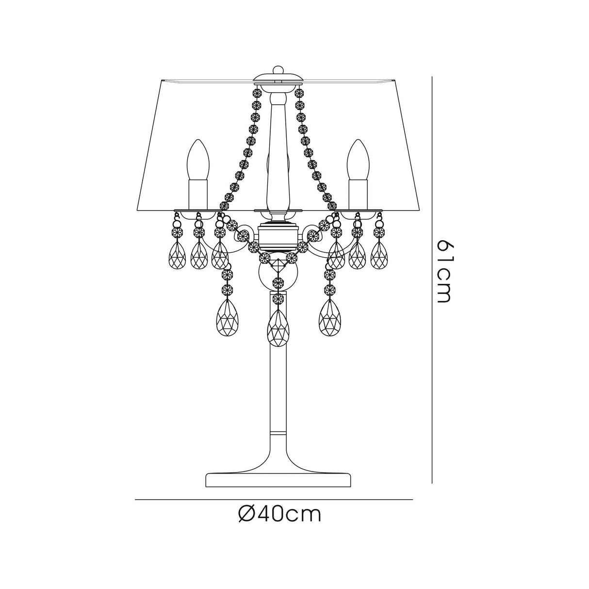 Line drawing of the Olivia 3 Light Crystal Table Lamp in polished chrome with a grey shade, hanging crystals, three candle-style bulbs, and dimensions of 61 cm tall by 40 cm wide—ideal for elegant ambient lighting.