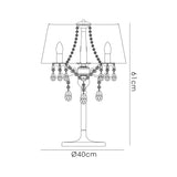 Line drawing of the Olivia 3 Light Crystal Table Lamp in polished chrome with a grey shade, hanging crystals, three candle-style bulbs, and dimensions of 61 cm tall by 40 cm wide—ideal for elegant ambient lighting.