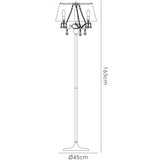 Line drawing of the Olivia 3 Light Crystal Floor Lamp—chrome finish, cream chandelier-style shade, hanging beads, and three candle-like bulbs. This lamp stands 163 cm tall with a round base diameter of 45 cm.