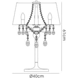 Line drawing of the Olivia 3 Light Crystal Table Lamp in antique brass with a black shade, featuring beaded crystal accents, hanging ornaments, two visible bulbs, standing 61 cm tall with a 40 cm base diameter.