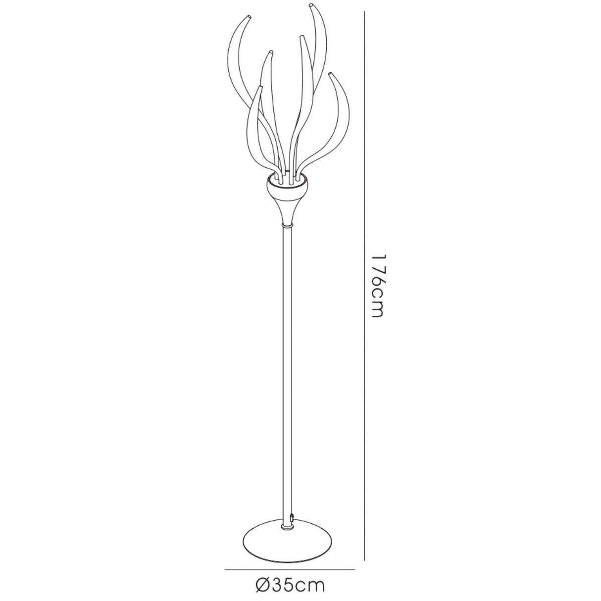 Line drawing of the Llamas 6 Light Floor Lamp in black, featuring a 35 cm round base and curved, leaf-like arms; standing 176 cm tall, this modern fixture makes a statement while providing ambient lighting.