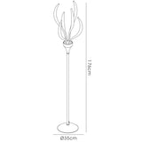 Line drawing of the Llamas 6 Light Floor Lamp in black, featuring a 35 cm round base and curved, leaf-like arms; standing 176 cm tall, this modern fixture makes a statement while providing ambient lighting.