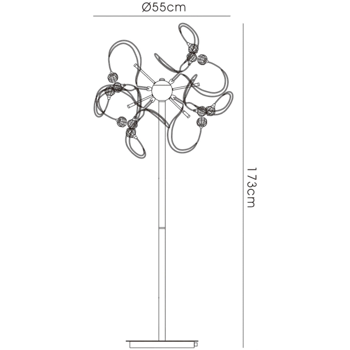 Line drawing of the Messe 12 Light Crystal Floor Lamp in polished chrome, standing 173 cm tall with a 55 cm top width, featuring a swirling looped design with crystal spheres—ideal for adding ambient lighting to any space.