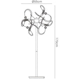 Line drawing of the Messe 12 Light Crystal Floor Lamp in polished chrome, standing 173 cm tall with a 55 cm top width, featuring a swirling looped design with crystal spheres—ideal for adding ambient lighting to any space.