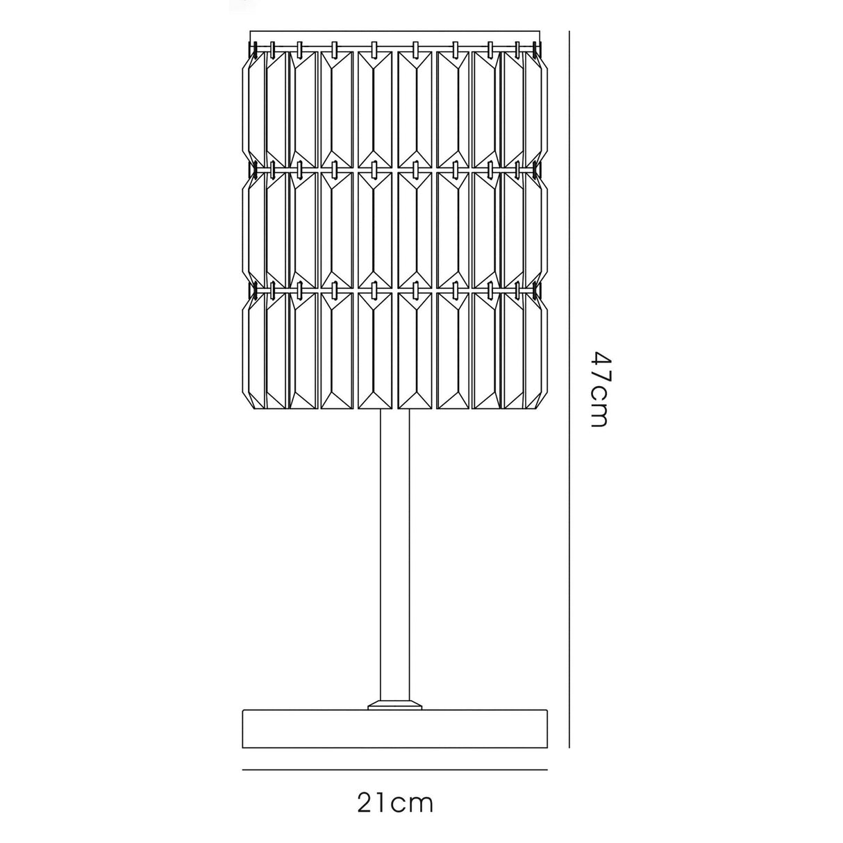 Line drawing of the Torre 3 Light Crystal Curtain Table Lamp in polished chrome, featuring a geometric patterned shade. Lamp measures 47 cm tall by 21 cm wide, with height and width labeled next to the image.