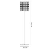 Line drawing of the Torre 5 Light Crystal Curtain Floor Lamp in polished chrome, featuring a cylindrical cage shade, slim vertical pole, and flat round base. The lamp stands 150 cm tall with a 30 cm wide base and labeled measurements.
