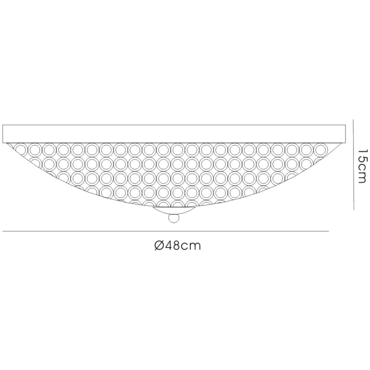 Dimensioned line drawing of the Diyas Ava 6 Light crystal flush ceiling light showing a 48cm diameter dome with 15cm height.