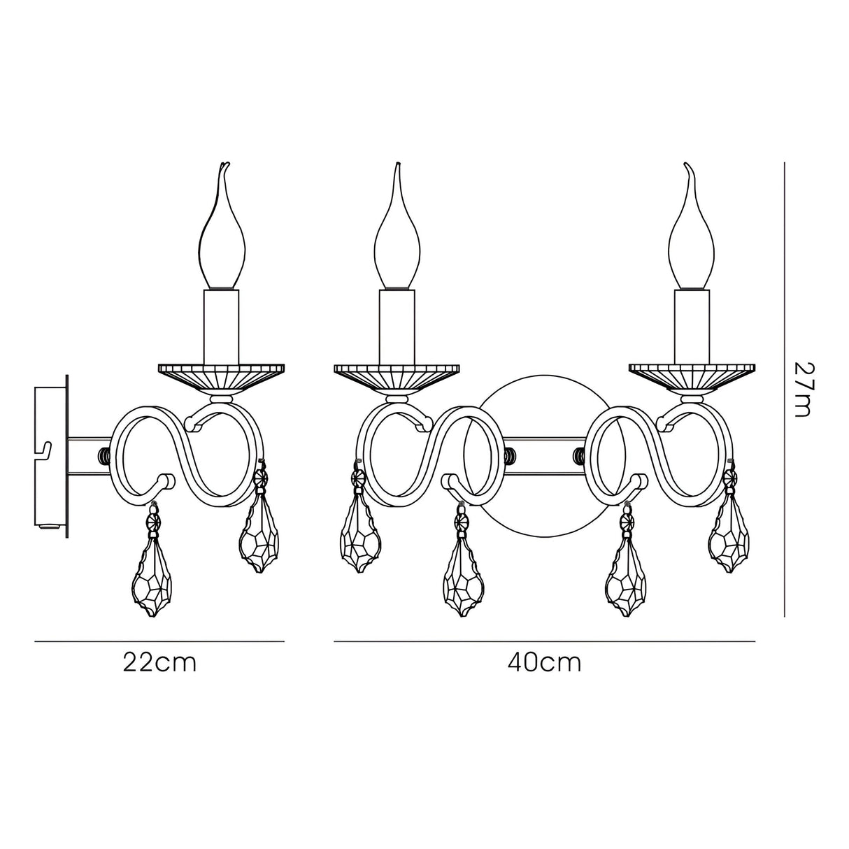Torino 2 Light Crystal Wall Light With Switch -  Gold