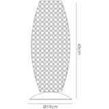 Line drawing of the Kos 3 Light Crystal Table Lamp in polished chrome, featuring a tall, oval shape with a circular hole pattern and measuring 45 cm high and 19 cm in base diameter.
