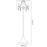 Line drawing of a modern lighting piece—the Trace 4 Light Crystal Floor Lamp in chrome with a chrome shade and hanging crystal-like ornaments, measuring 149 cm high and 48 cm wide at the base.