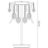 Line drawing of the Mios 3 Light Crystal Table Lamp in polished chrome, featuring hanging crystal ornaments, a curved design, and a height of 56 cm indicated on the right.