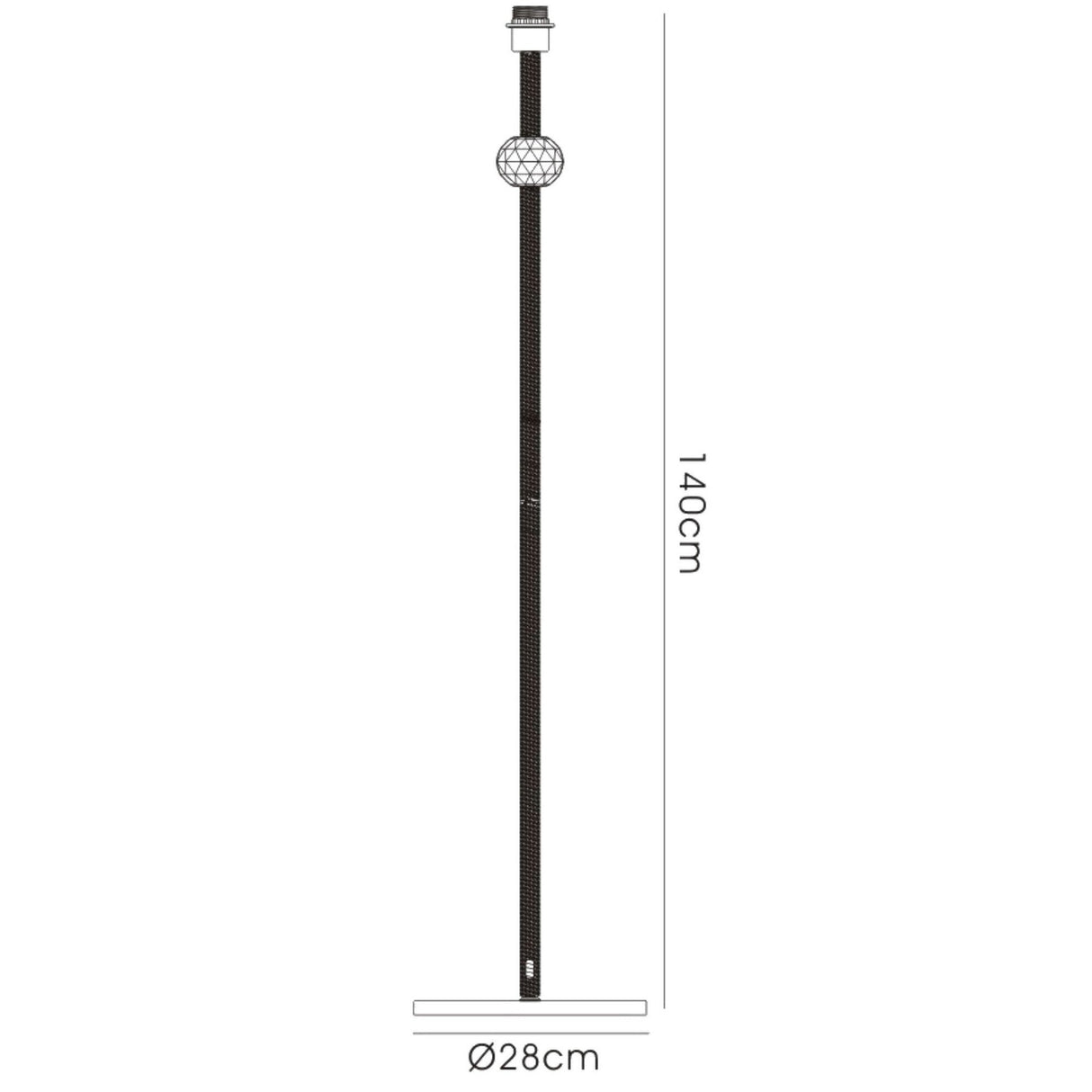 Diagram of the Elena 1 Light Crystal Floor Lamp - Gold (Without Shade), a tall, slim lamp with a round decorative element, measuring 140 cm high and 28 cm in base diameter—ideal for adding luxury lighting to any room.