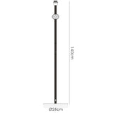 Line drawing of the Elena 1 Light Crystal Floor Lamp - Black (Without Shade), with a round crystal detail near the top, black chrome finish, 140cm height, and 28cm base. Measurement lines are shown alongside the lamp.