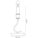 Line drawing of the Nydia 1 Light Crystal Table Lamp in polished chrome, featuring a candle-shaped bulb, curved stem, flat base, and crystal details. Dimmable lighting. Dimensions: 28cm tall x 13cm wide (clearly labeled in cm).