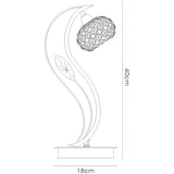 Line drawing of the Leimo 1 Light Crystal Table Lamp in French Gold, featuring a curved base with an oval accent and a spherical patterned lampshade. Elegant design measures 40 cm tall and 18 cm wide at the base.