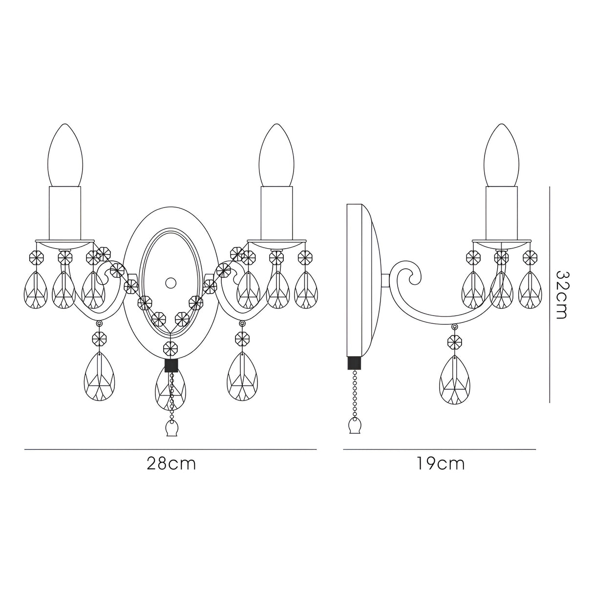 Kyra 2 Light Crystal Wall Light With Switch - Nickel