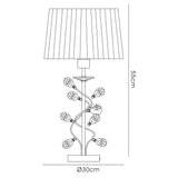 Line drawing of the Willow 1 Light Crystal Table Lamp—chrome finish, cream pleated shade, leaf-like stem accents; measures 55 cm tall and 30 cm wide at the base.