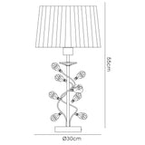Line drawing of the Willow 1 Light Crystal Table Lamp—antique brass with crystal accents, white pleated shade, floral vine-shaped base; dimensions: 55 cm tall, 30 cm wide at the base.