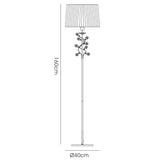 The Willow 1 Light Crystal Floor Lamp features an antique brass stem with decorative leaves, a cream pleated shade, crystal accents, round base, and measures 160 cm tall by 40 cm in diameter.