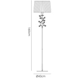 Line drawing of the Willow 1 Light Crystal Floor Lamp in brass with a white shade, featuring decorative branch and leaf details, measuring 160 cm high and 40 cm wide at the base.