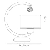 Line drawing of the Lincoln 1 Light Crystal Table Lamp in satin nickel, featuring a crescent base, glass shade, and hanging geometric detail. Dimensions: 29 cm tall; base is 26 x 15 cm.