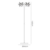 Line drawing of the Savanna 3 Light Crystal Floor Lamp in polished chrome, featuring a decorative clustered light fixture, slim pole, and square base; it stands 160 cm tall with a top section diameter of 44 cm.