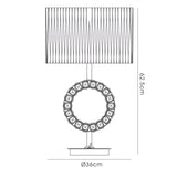 Line drawing of the Florence Round 1 Light Crystal Table Lamp in brass, featuring a patterned circular base, rectangular stand, and textured cream fabric shade. Dimensions: 62.5 cm tall and 36 cm wide at the base.